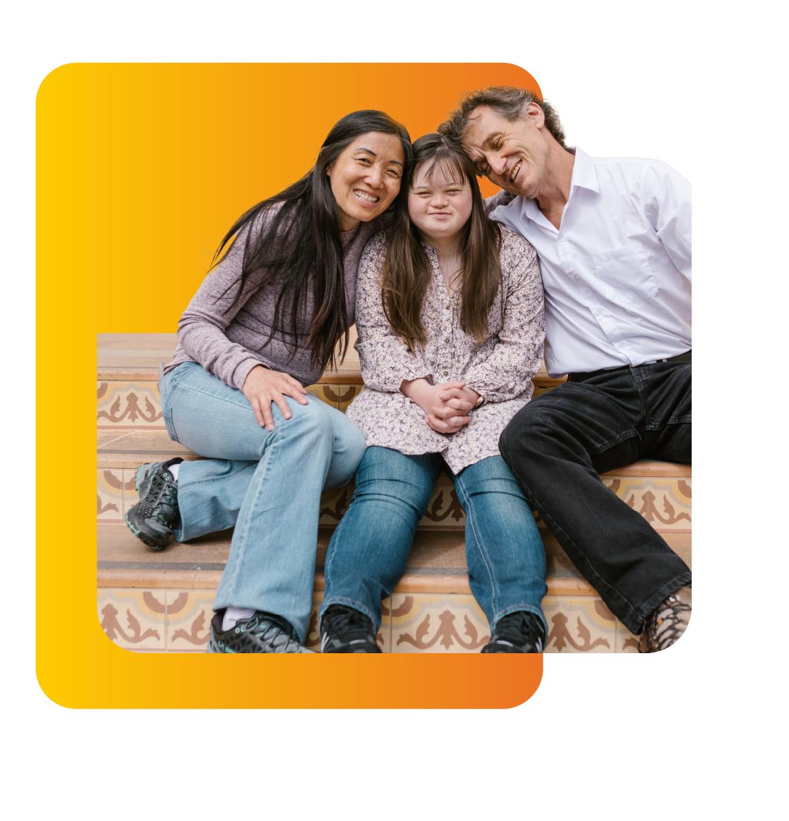 Mom and dad cuddled around their daughter on stairs - Financial Support Services